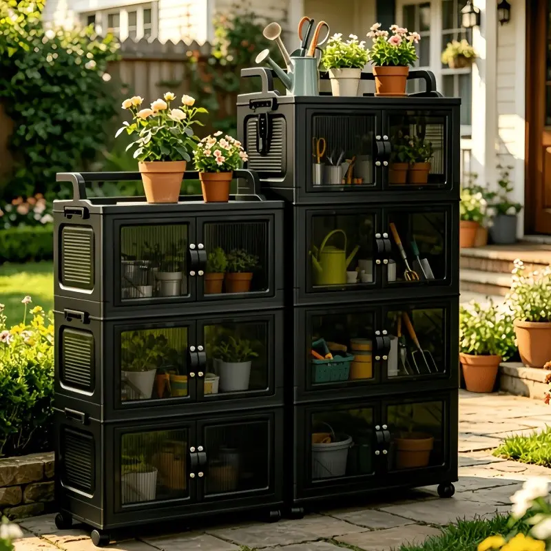 5/4/3/2-Tier Foldable Outdoor Storage Cabinet, Collapsible Plastic Rolling Storage Organizer with Swivel Casters, Top Carry Handle & Side Buckles, Stackable Storage Unit for Patio, Garden, Poolside, Porch, Backyard BBQ, Balcony, Camping Garage