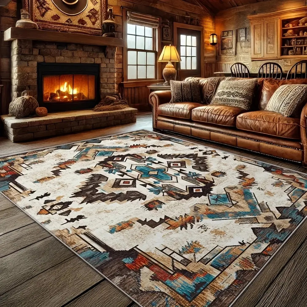 Veluma Large Southwest Tribal Rug Aztec Turquoise Brown Beige - Soft Floor Mat Suitable for Living Room Bedroom, Vintage Decor, Machine Washable Jumbo Size with Rubber Backing
