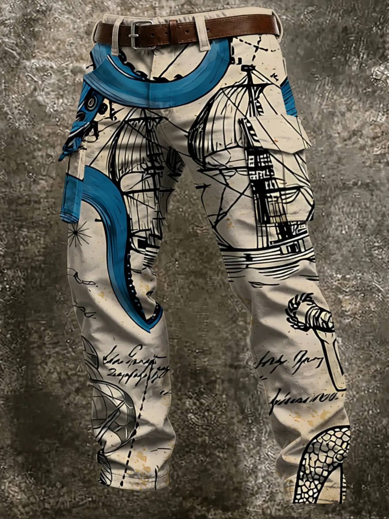 Vintage Pirate Nautical Utility Pants, Full Sailboat, Giant Octopus, Nautical Map, Retro Handwriting, Ocean Pattern Pockets, Outdoor Leisure Long Pants
