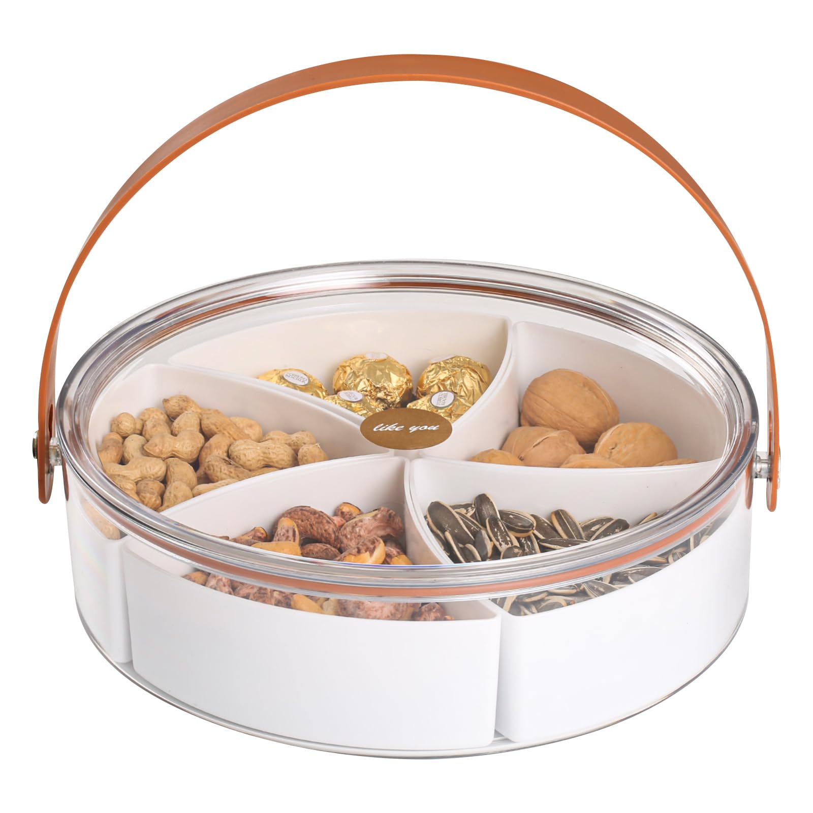 Divided Serving Tray with Lid and Handle, Stackable Snackle Box Container for Fruits Candy Organizer, Portable Spinning Rounded Veggie Tray for Kitchen, Party, Trave and Picnic, White 1 Pack