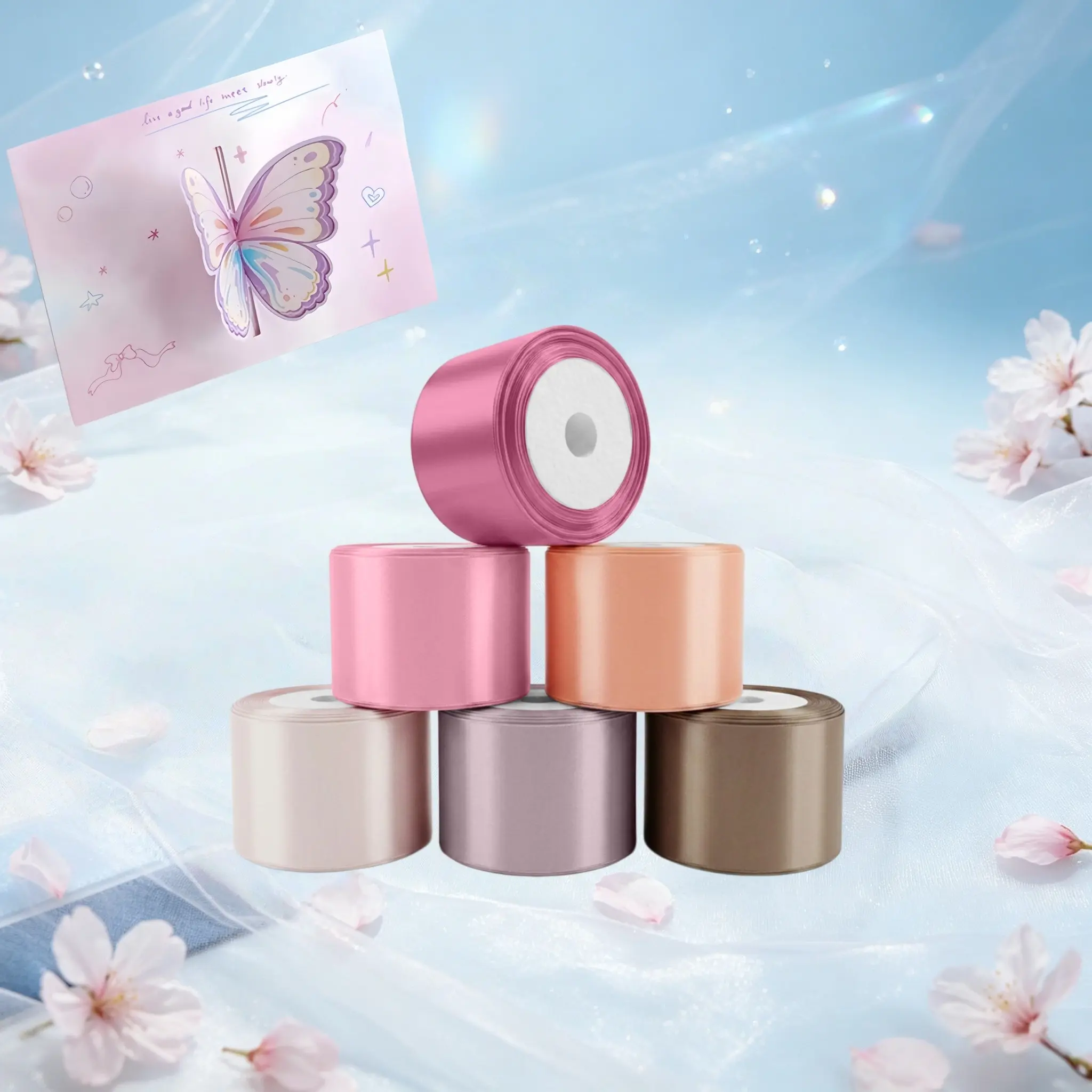 6 Rolls Solid Color Fabric Ribbon Set, Total Length 55.8 Yards, Includes Butterfly Card, 1.5 Inch Wide, Ideal for Gift Wrapping, Wedding Bows, Party Decorations