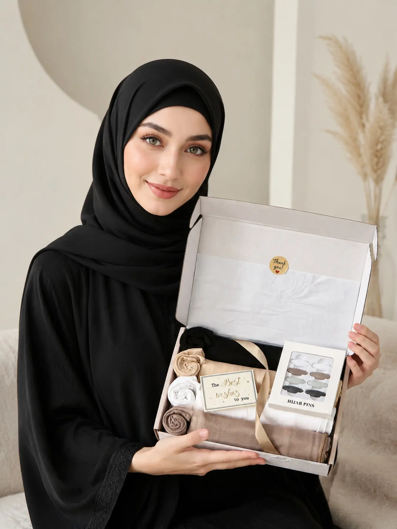 4pcs/set Women's Fashion Solid Long Scarves + Bucket Hat Gift Box Hijab, Elegant Comfortable Casual Jersey Hijabs, Muslim Prayer Headscarf