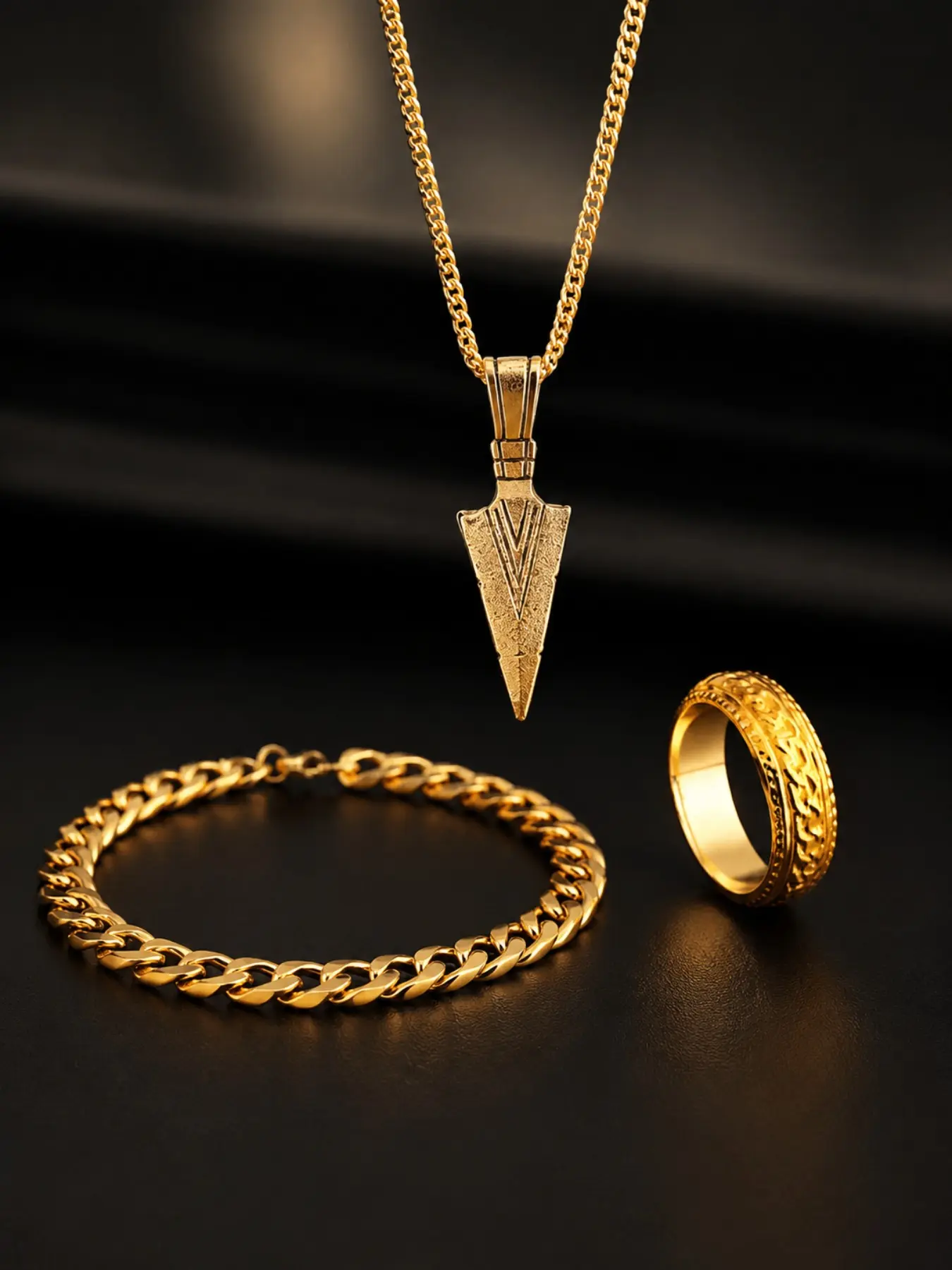 3Pcs Men's Jewelry Set, Fashion Jewelry Set - Arrow Pendant Necklace + Cuban Chain Bracelet + Vintage Engraved Ring | Hip Hop Street Punk Style | Stainless Steel High Polish Anti-Fade Durable | Everyday Wear, Party, Gift for Men & Boys