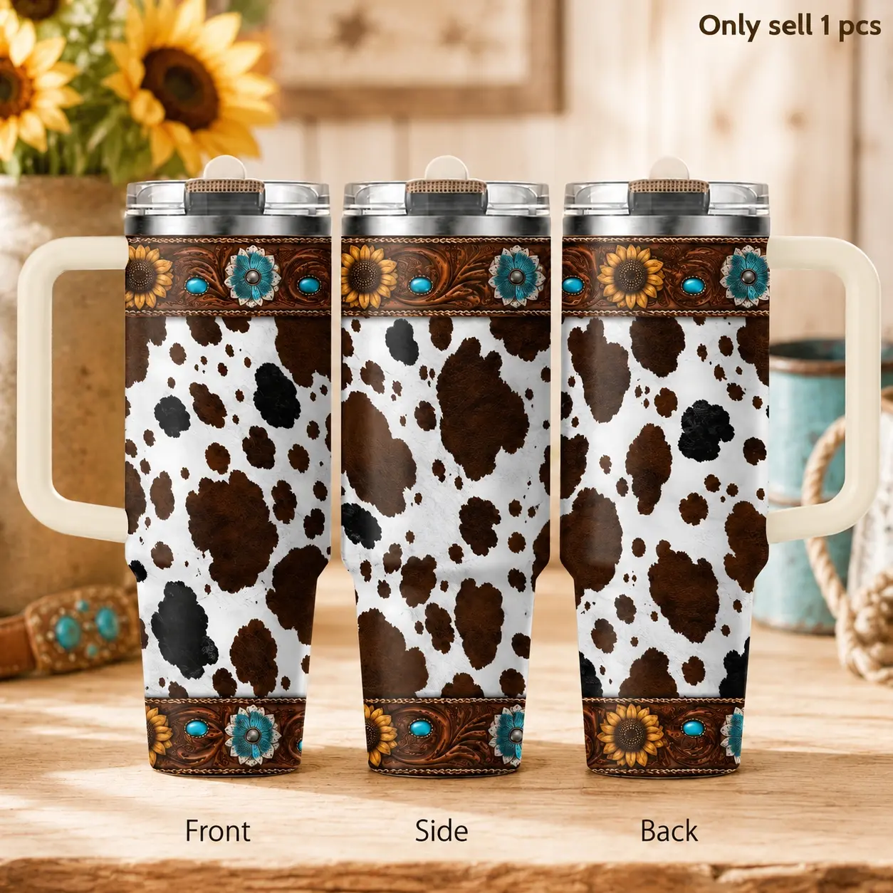 Western Cowhide Farm Style 40oz Cold Beverage Tumbler Drinkware – Stainless Steel Insulated Travel Cup with Handle & Straw Lid for Coffee, Water, Ranch Life, Office, Car Cup Holder, Country Cow Print Gift