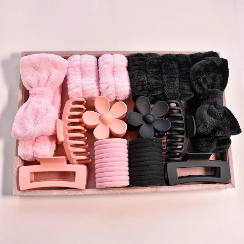 16pcs Complete Hair Accessories Set with Fuzzy Bow Spa Headband Claw Clips Flower Hair Clip and Elastic Hair Ties Available