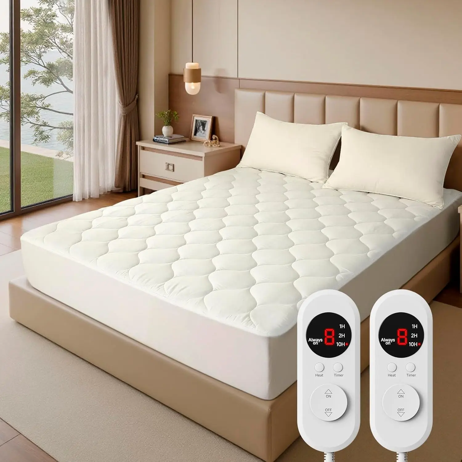 Queen Size Heated Electric Mattress Pad - Soft Blanket, Dual Control, 8 Heating Settings, 1/2/10H Auto Shut Off, 60"x80" Ellipse White Bed Warmer Sheets