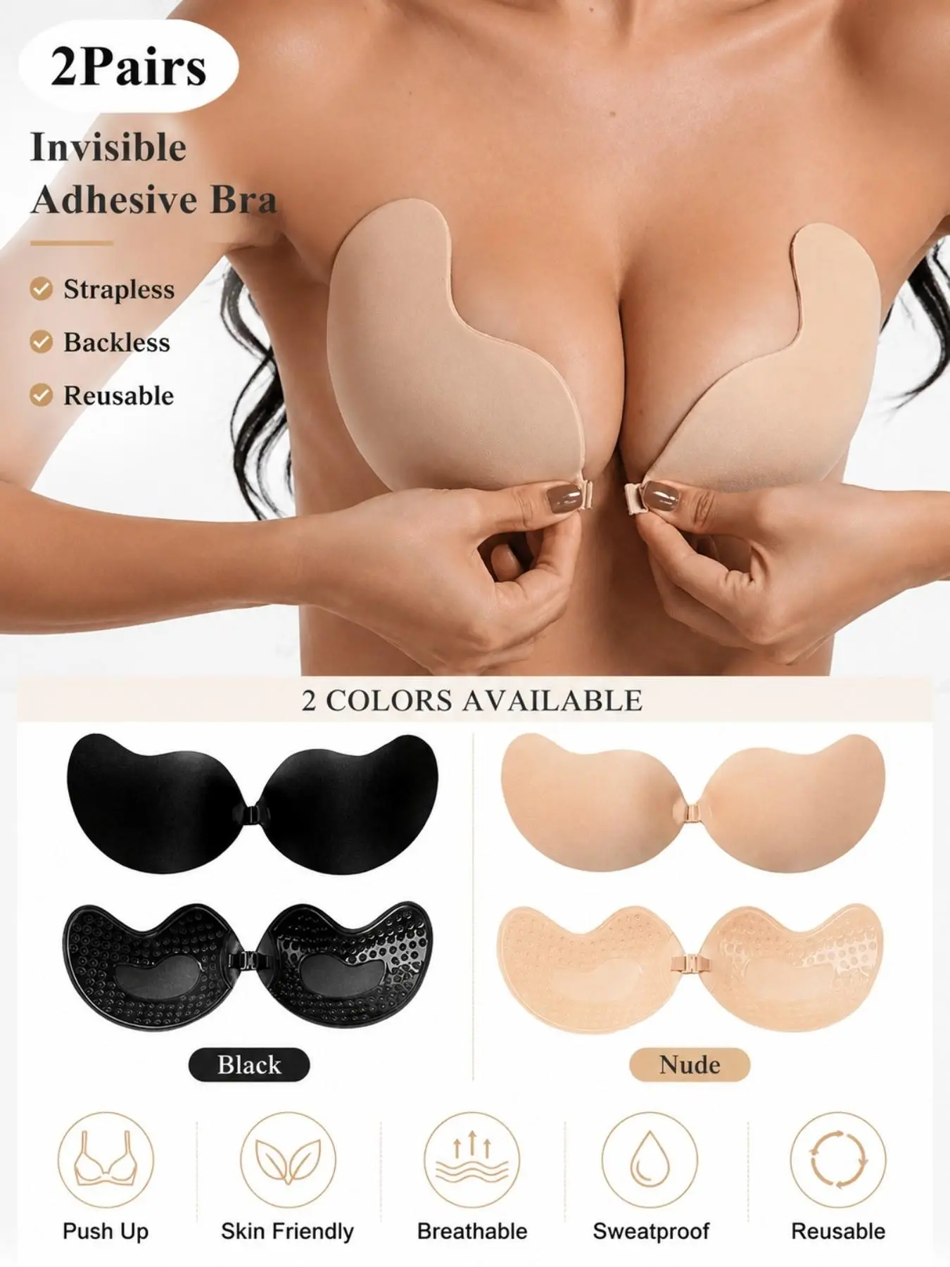 2 Pairs Women's Invisible Adhesive Bra, Strapless Backless Sticky Bra with Front Clasp, Reusable Push Up Lift Cups, Skin Friendly Breathable Elegant Bra for Low Cut Dresses and Bridal Gowns
