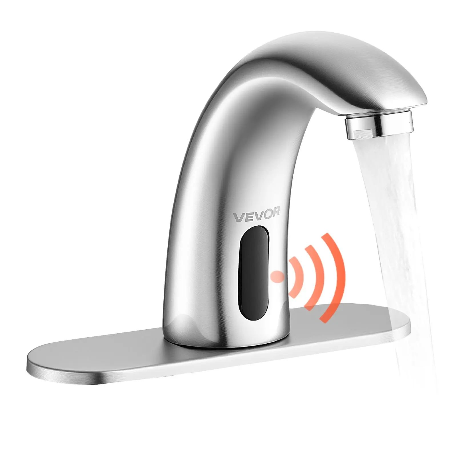 VEVOR Touchless Faucet, Motion Sensor Bathroom Sink Faucet with Hole Cover Plate, Battery Operated, Adjustable Temp for 9/16 in Pipe, Nickel Finish Commercial Restrooms Lavatory, Brushed Silver