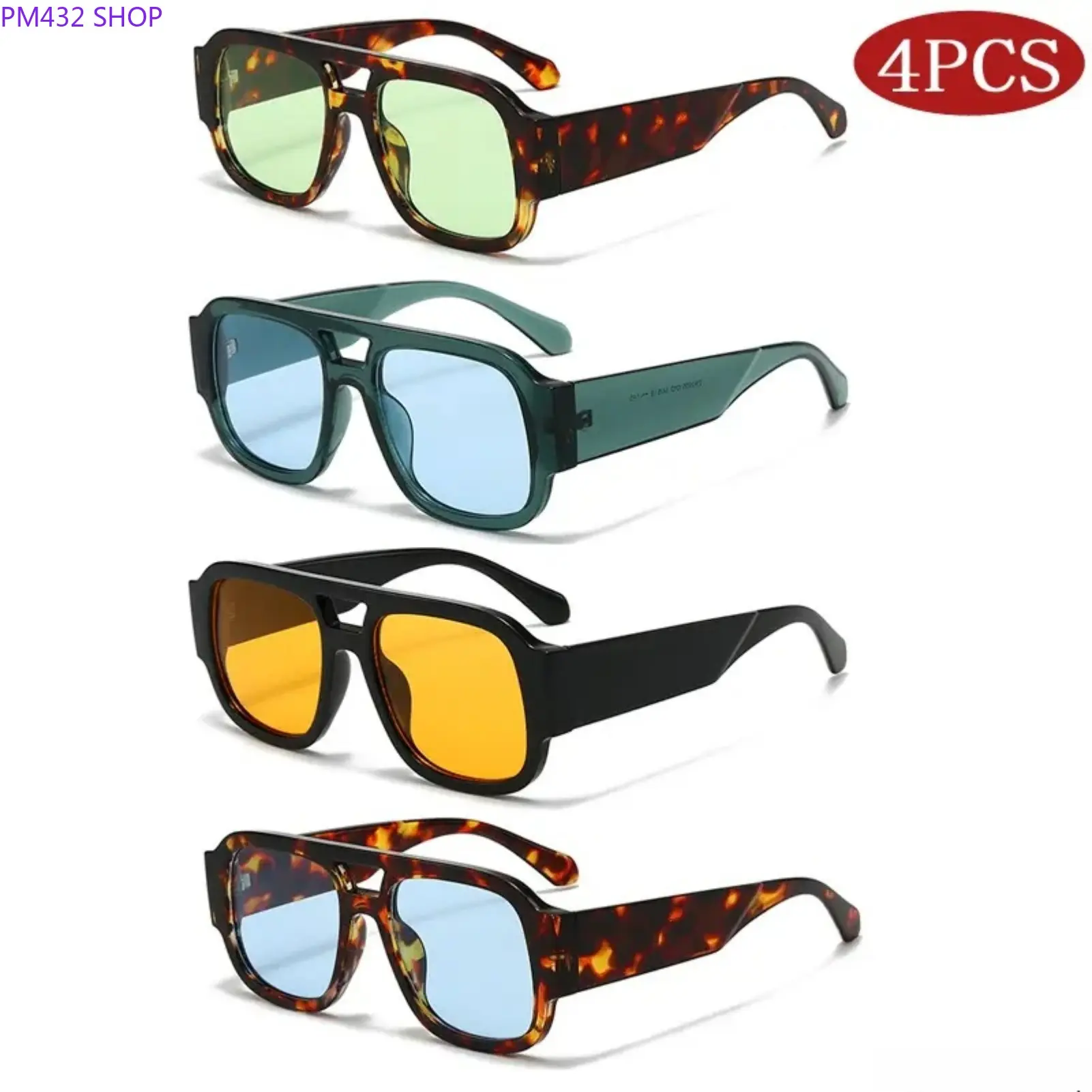 Unisex Square Double Bridge Sunglasses, Lightweight Oversized Plastic Frame with Colorful Lenses, Non Prescription Fashion Shades for Men & Women, Outdoor Sports, Travel and Daily Wear