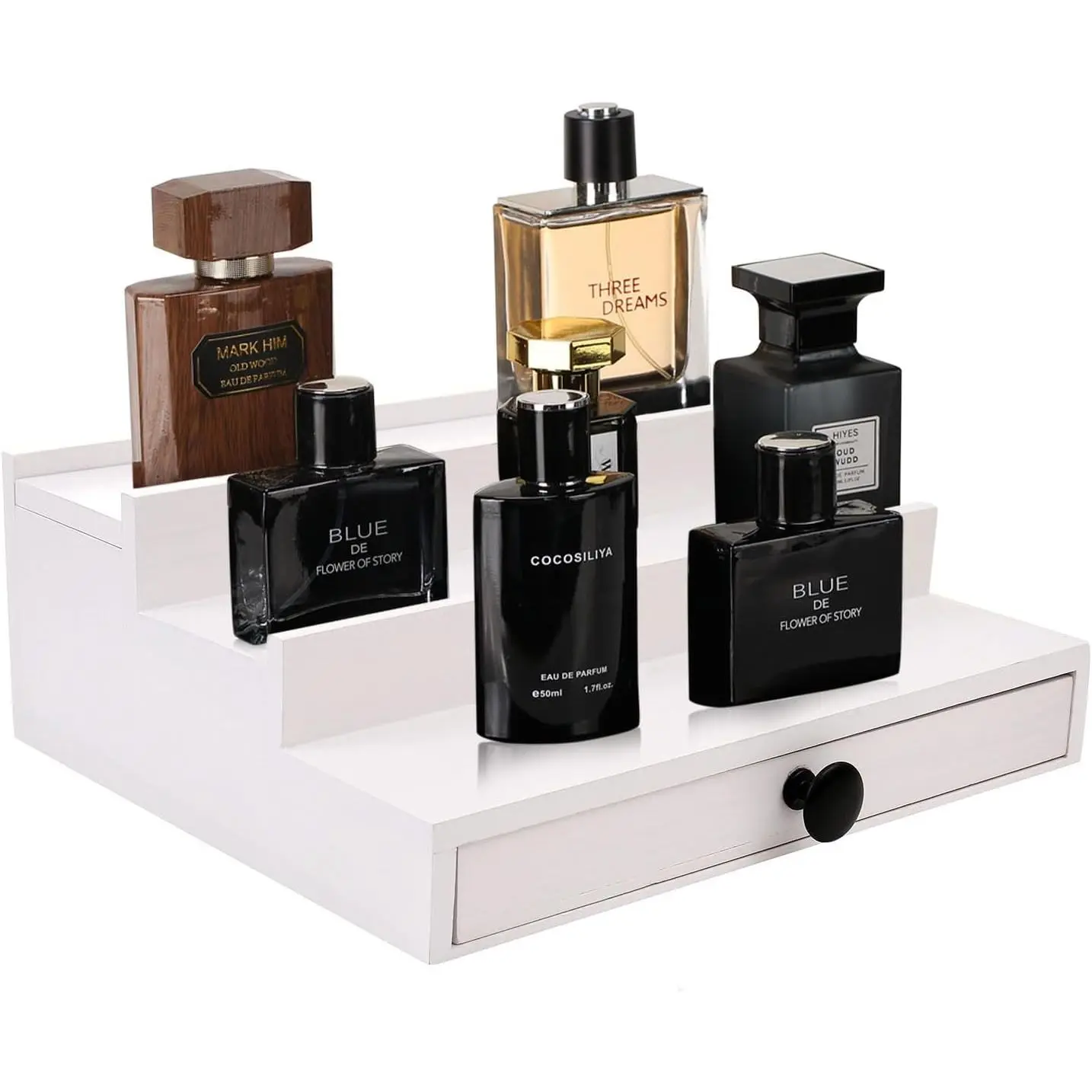 4 Tier Men's Cologne Organizer, White Wooden Display Stand with Drawer | Cologne Shelf and Rack, Perfume Tray,  Storage, Multi-compartment, Dresser Display, Birthday Christmas  for Men