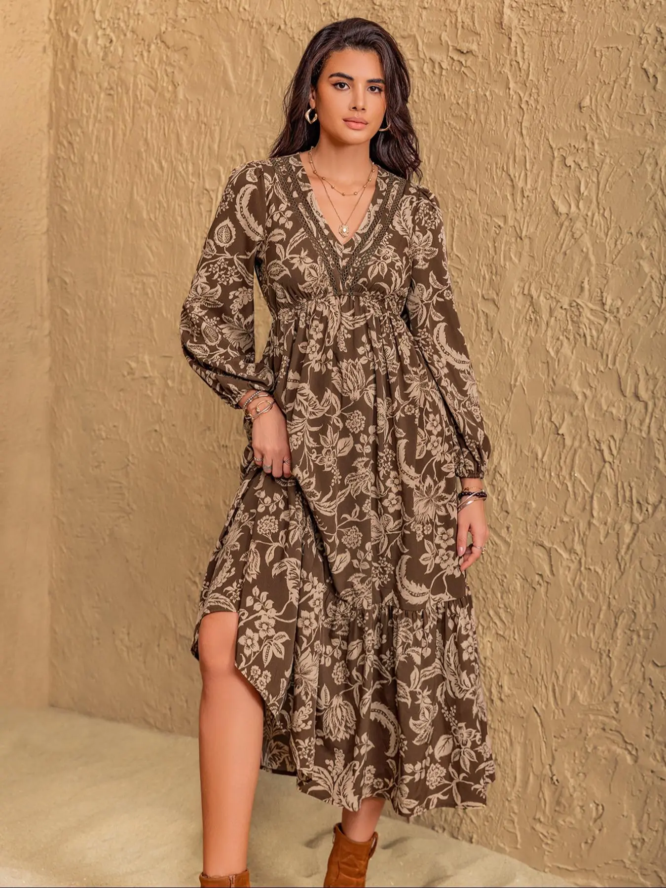 【Black Friday】Women's Floral Print Contrast Lace Long Sleeve Ruffle Hem Dress, Casual Chic Bishop Sleeve V Neck A-Line Dress for Vacations, Women's Clothes for Fall and Winter, Boho Elegant Dress