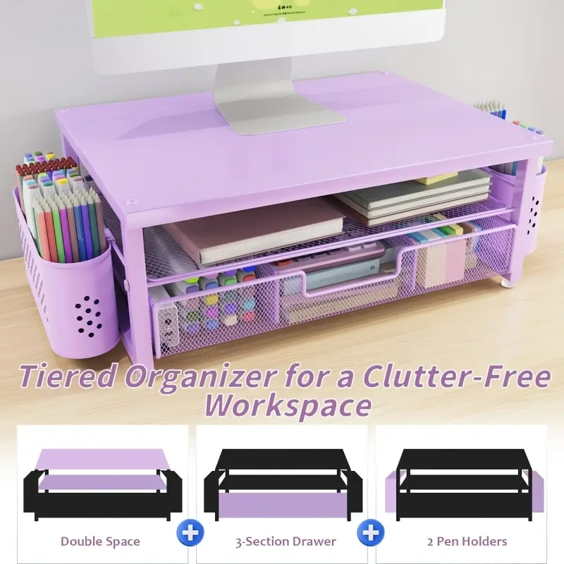 2-Tier Monitor & Laptop Stand Desk Organizer with Storage Shelf, Pen Holders - - Space-Saving Computer Holder Suitable for Office, Work Organizer, Desk Accessories for Notebooks, Stationery, Post- Notes, Laptop Desk Organizer