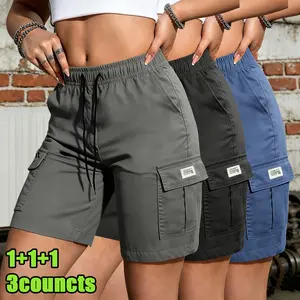 3 Count Summer Womens Utility Cargo Work Shorts | Airy Lightweight Breathable Material, Custom Drawstring Elastic Waist for Flexible Fit, Spacious Side Cargo Pockets for Daily Storage, Three Classic Solid Color Knee-Length Cut, Great for Daily Errands, Ou