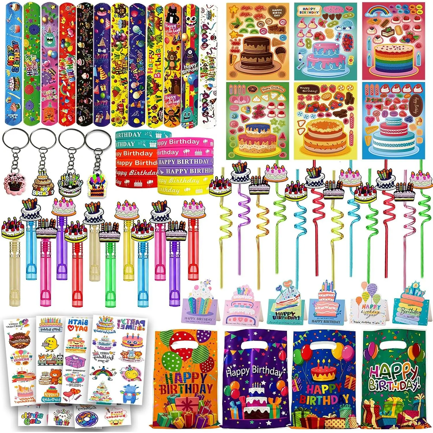 220PCS Birthday Party Favors with Gift Bags, Wands, Straws & Stickers| Make birthdays pop with 220 coordinated favors, colorful bags, wands, straws, bracelets, tattoos and creative activities.