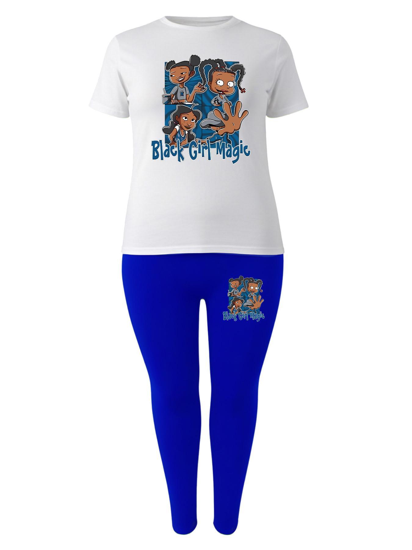 【Plus Size】 Two-Piece Set Cartoon Print Tee & Skinny Pants, Casual Round Neck Short Sleeve T-shirt & Trousers for Daily Wear, Women's Two-piece Outfits for All Seasons