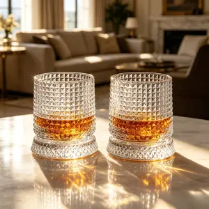 2pcs Luxury 360° Spinning Grid-Cut Crystal Glass, Stress Relief Whiskey & Wine Glass, Elegant European Barware Gift, Grid Pattern Design