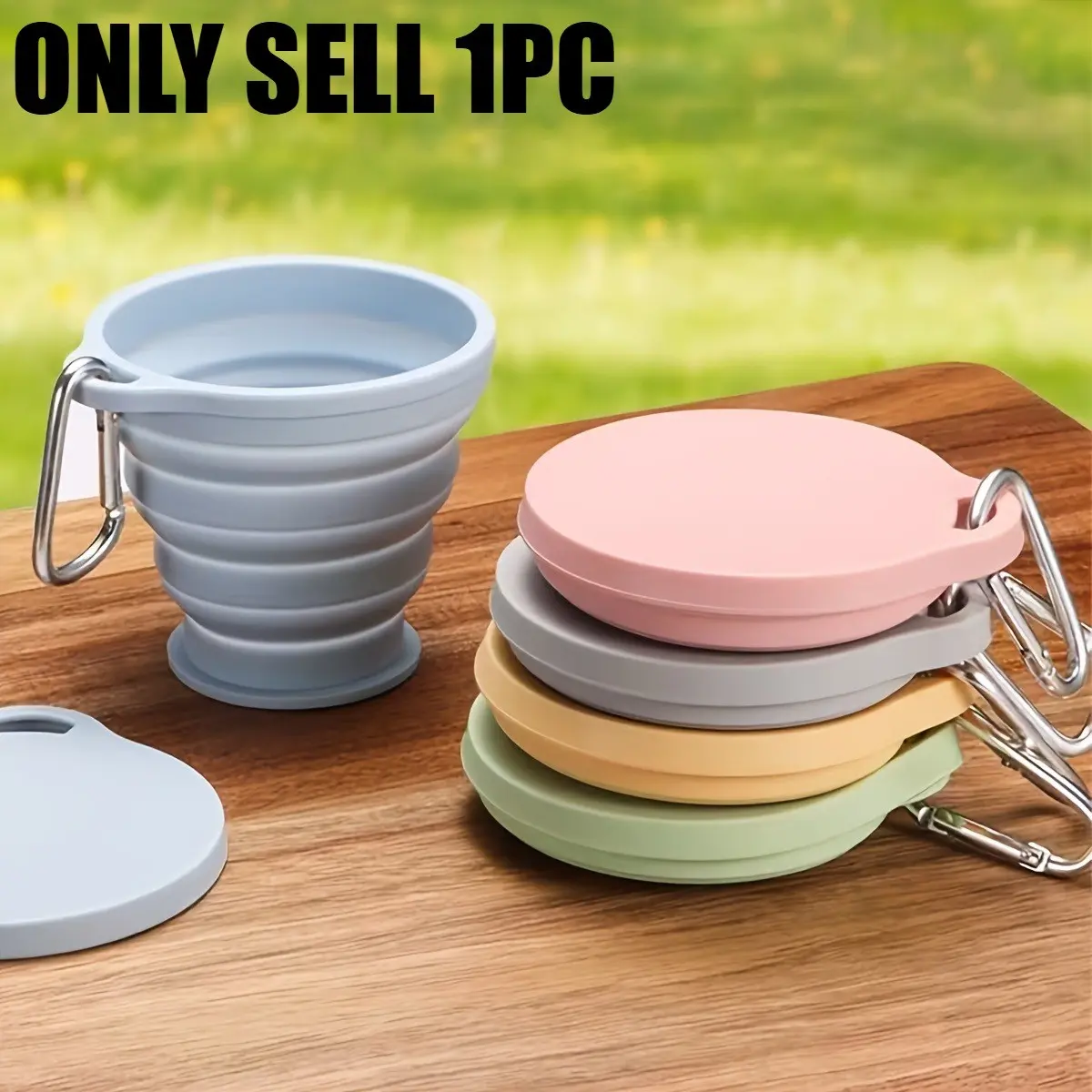 1 foldable silicone water cup, travel-friendly mouthwash cup with lid, heat-resistant tea cup, drink cup, with carabiner design to hang on a backpack, suitable for camping, outdoor activities, hiking, cycling, parties, etc.