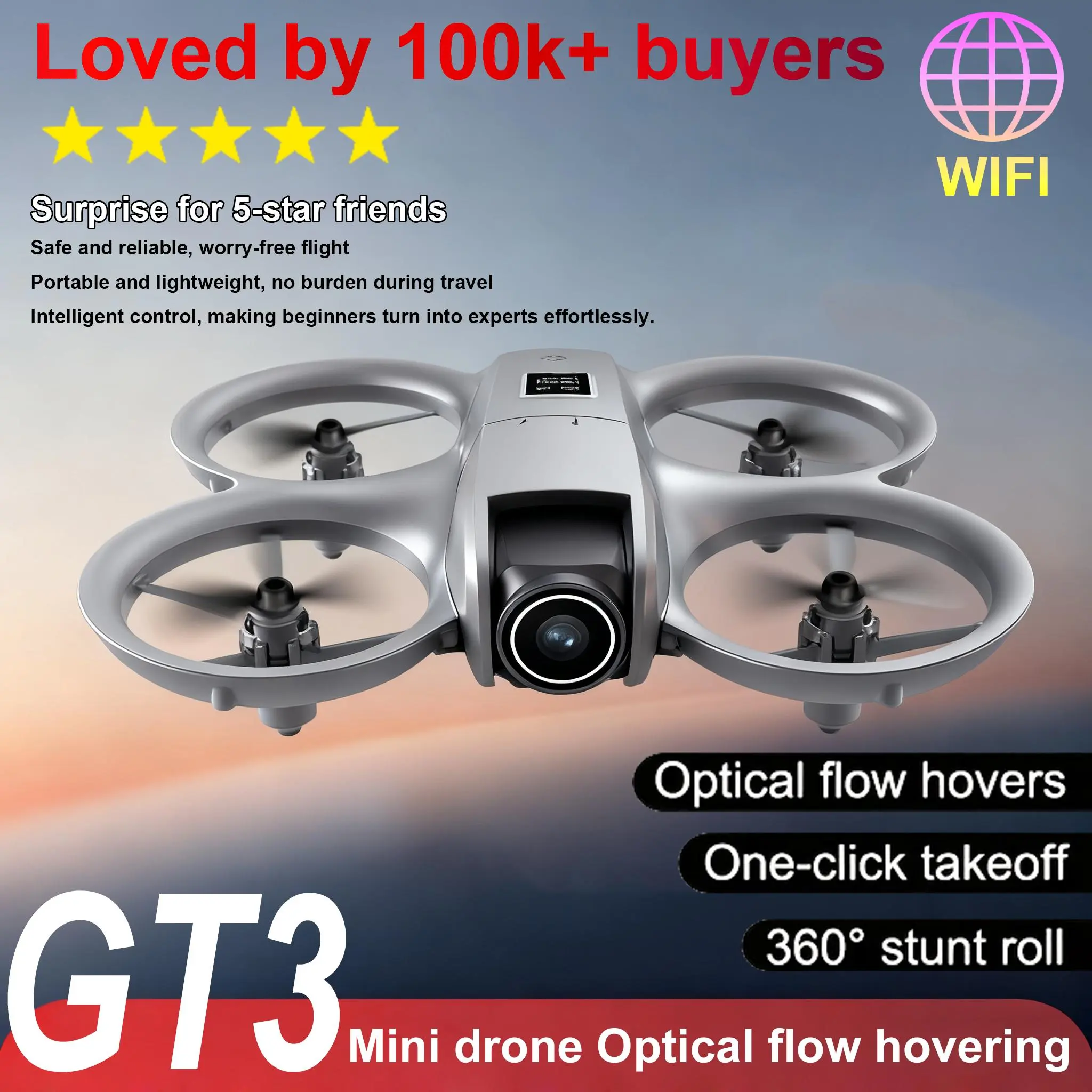 Full Protective Ring Obstacle Avoidance Drone, 180° Upward Shooting Dual Camera Optical Flow Quadcopter