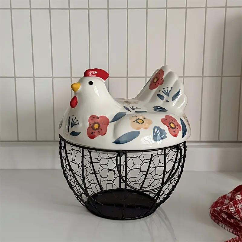Ceramic Egg Basket with Metal Wire and Lid, Multifunctional Kitchen Storage Box, Decorative Food Organizer for Eggs, Fruits, Vegetables, Multipurpose Basket Decorative Ornaments