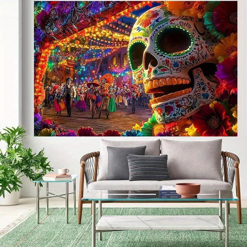 1pc 2D Flat Large Dia de los Muertos Sugar Skull Party Backdrop Vibrant Mexican Folk Art Wall Decoration with Calavera Design Colorful Papel Picado & Marigold Garland No Electricity Needed Durable for Day of the De Banners Ornaments
