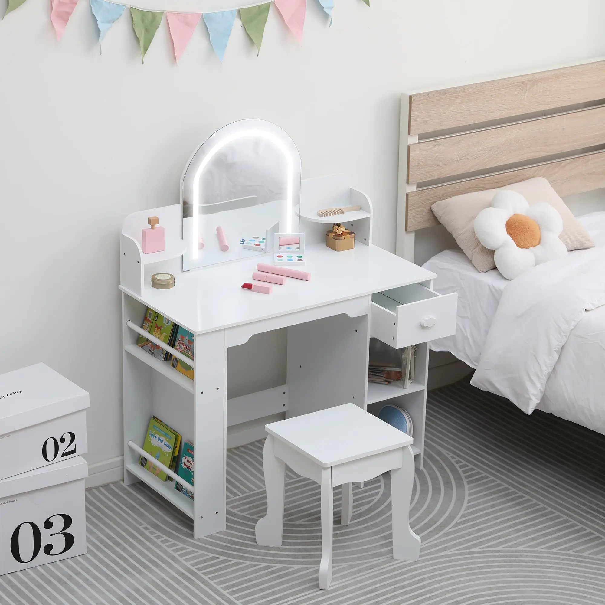 GARVEE Princess-style vanity set with LED illuminated mirror featuring 3 adjustable lighting modes, includes bookshelf and drawer for organized storage