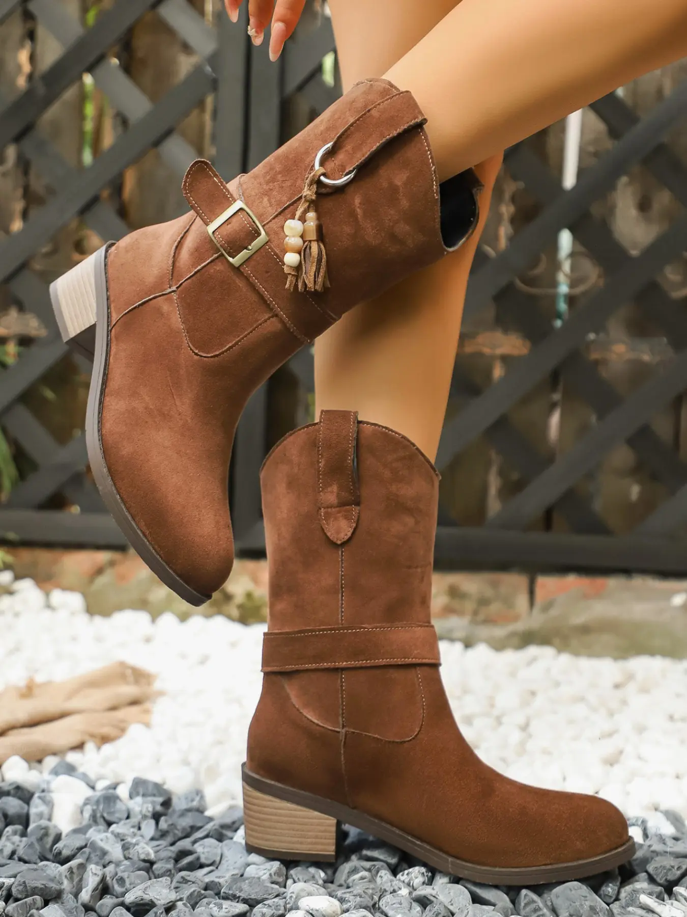 Women's Vintage Western Mid-Calf Boots, Side Buckle Fringe Decor, Chunky Heel Comfortable Height Boost, Loose V-Neck Boot Cuff, Outdoor Wear