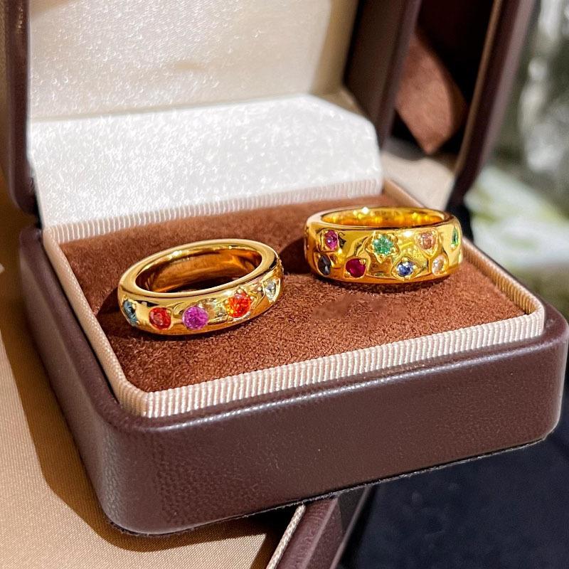 Fashionable and trendy light luxury high-end wide and narrow inlaid colorful sparkling diamond rings with unique design, suitable for stacking, personalized and stylish ring gift