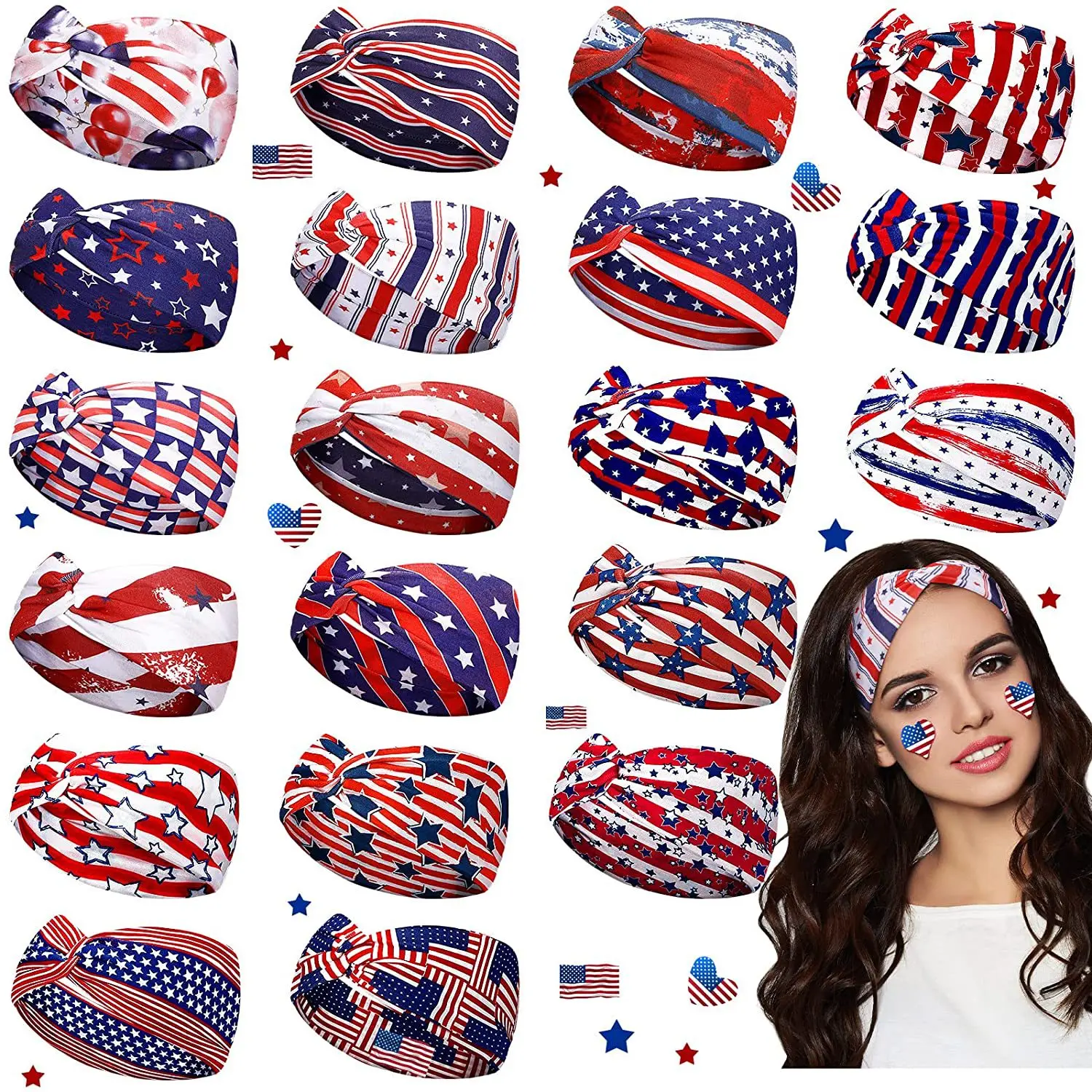 3 Pack Patriotic Star Knotted Headbands, Sweat Absorbent Sports Hair Wraps for 4th of July Party Yoga Running