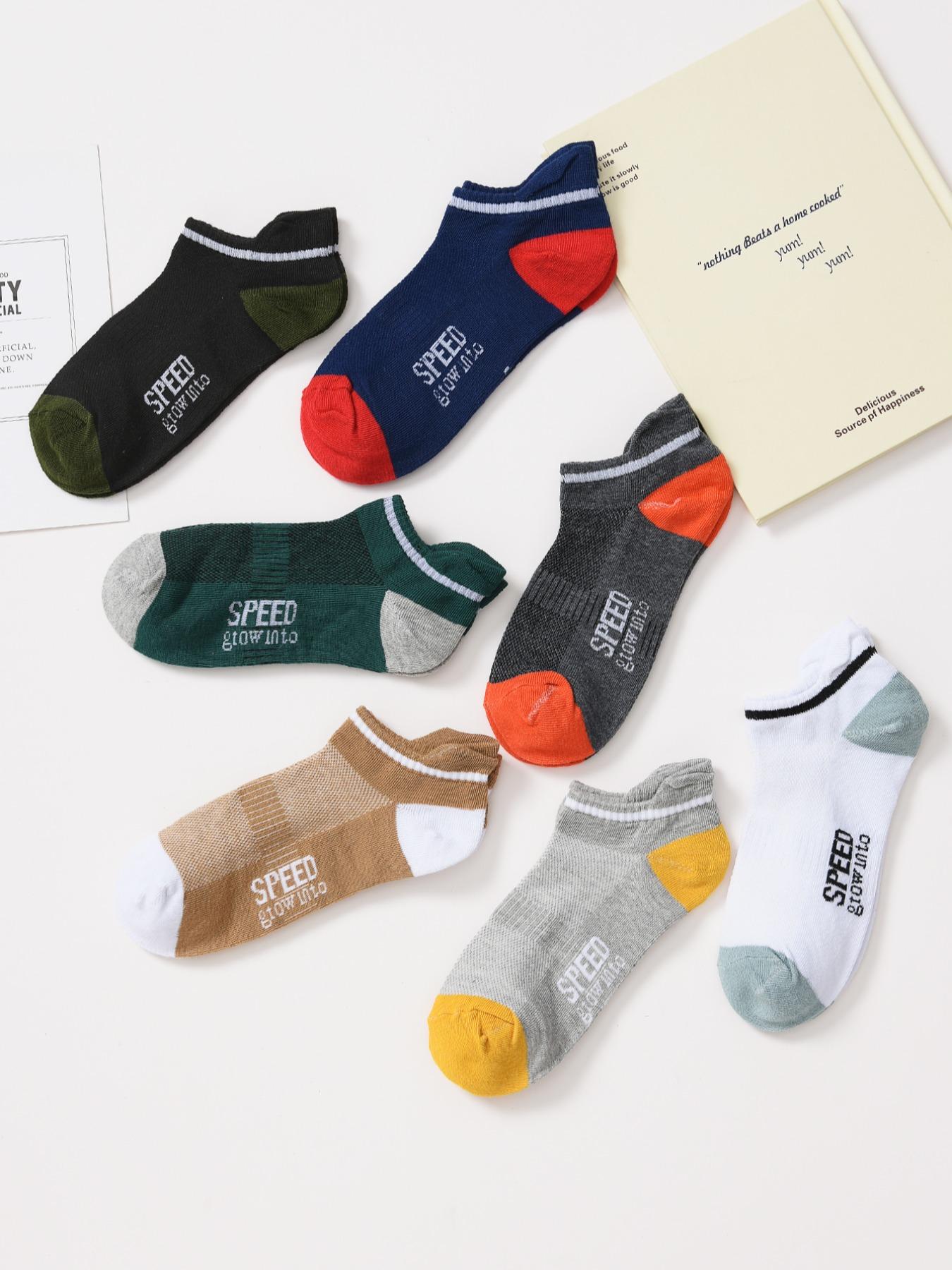 Men's 7 Pairs Colorblock Letter Print Ankle Socks, Knit Crew Socks, Casual Comfy Socks For Men Daily Wear