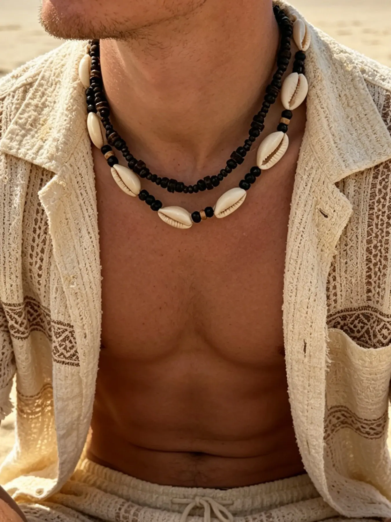 Vintage Surf Beach Multi-Layer Shell Necklace, Men's Summer Vacation Accessory, Casual Alloy Chain, All Seasons Wear