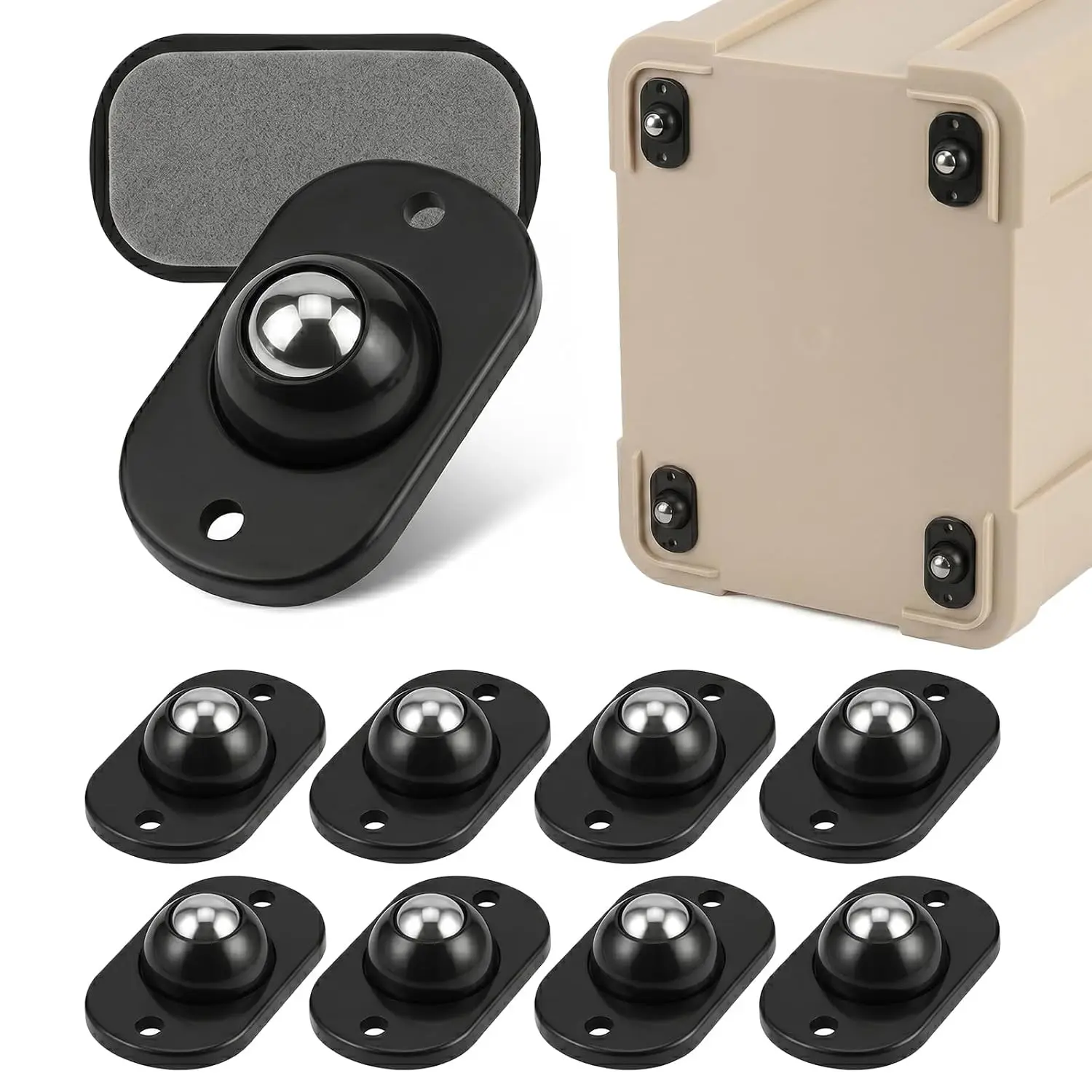 Self Adhesive Caster Wheels: 360° Swivel Mini Wheels, Black, 8-Pack
