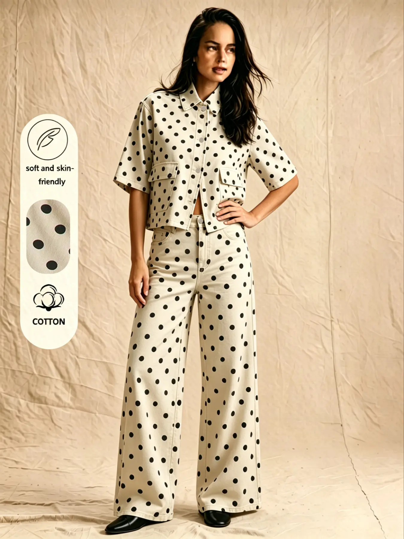 Polka Dot Denim Shirt + Polka Dot Denim Jeans Two-Piece Set, Casual Fashion, Comfortable and Stylish