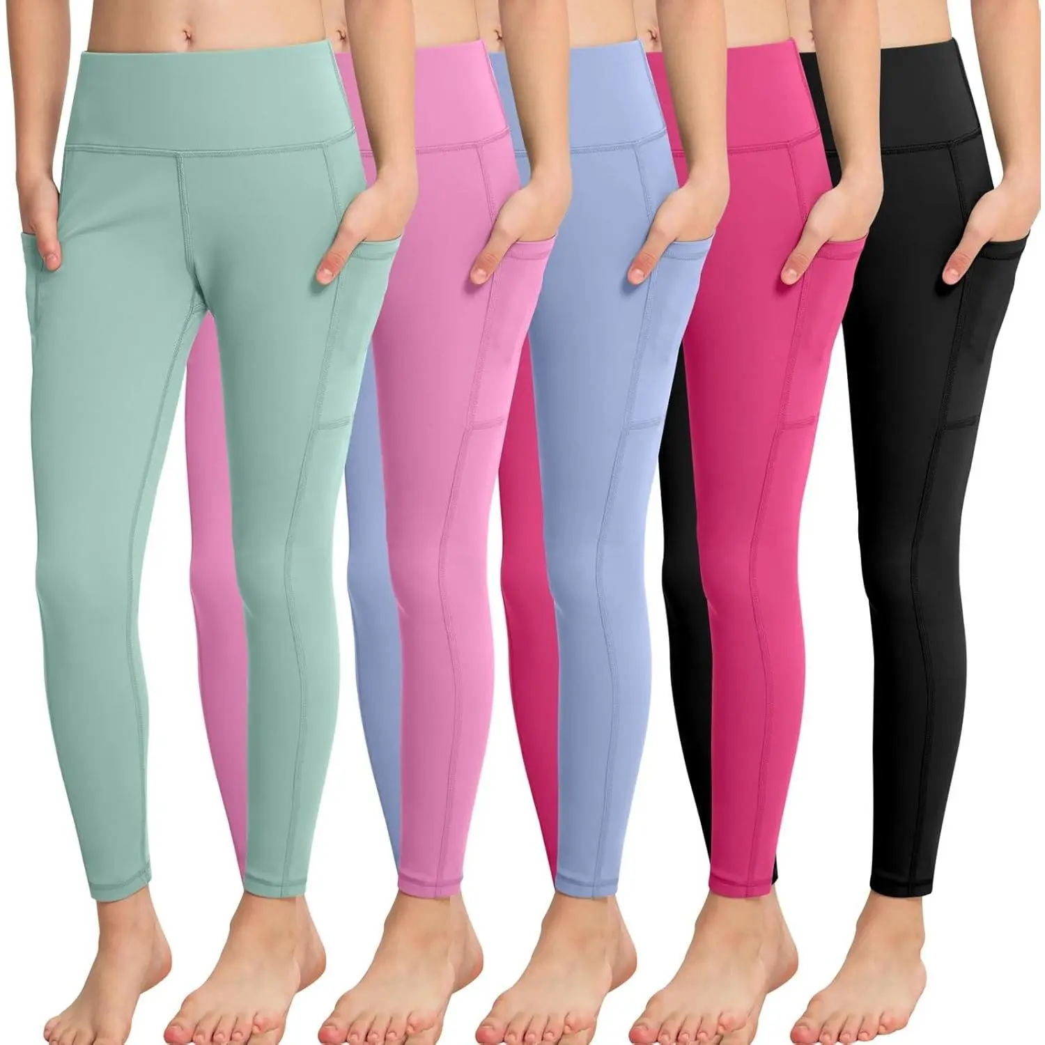 Girls' Athletic Leggings with Pockets, 5 Packs Kids Teen Dance Yoga Workout Running Pants for 5-15 Years