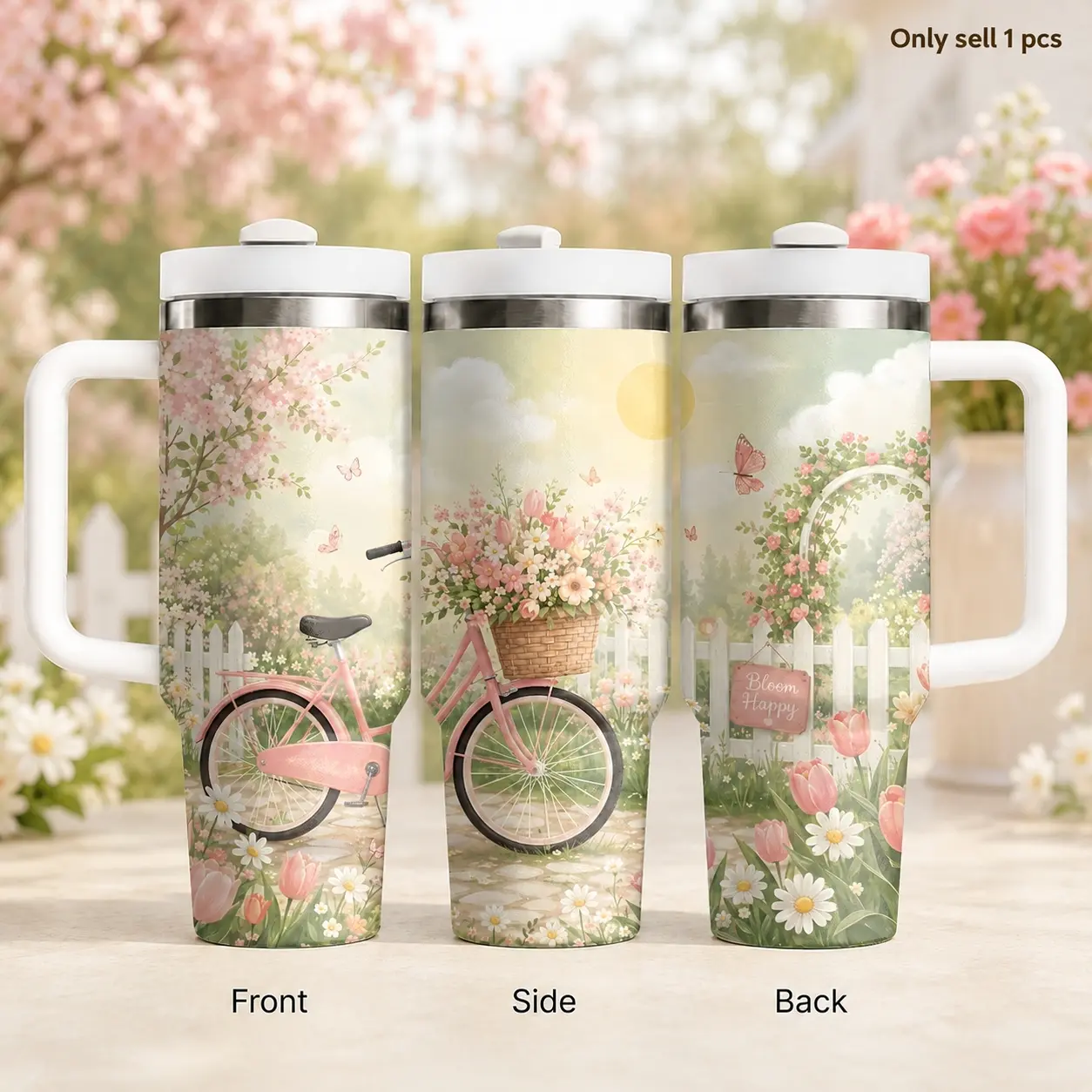 Cottagecore Bicycle Flower 40oz Insulated Tumbler, Pink Stainless Steel Travel Cup with Handle and Straw, Romantic Garden Drink Holder for Women Girls, Perfect for Coffee, Picnic, Road Trips and Nature Lovers