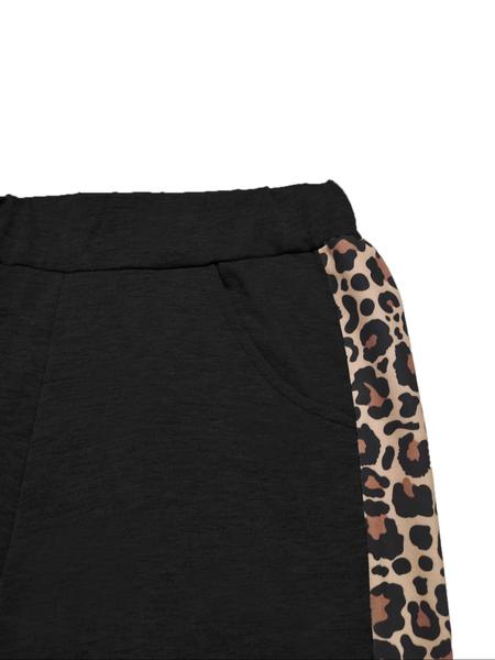 Women's Autumn Winter Long Sleeve Pants Matching Set, Solid Color Casual with Leopard Print Stripes, Perfect for Home & Party Wear