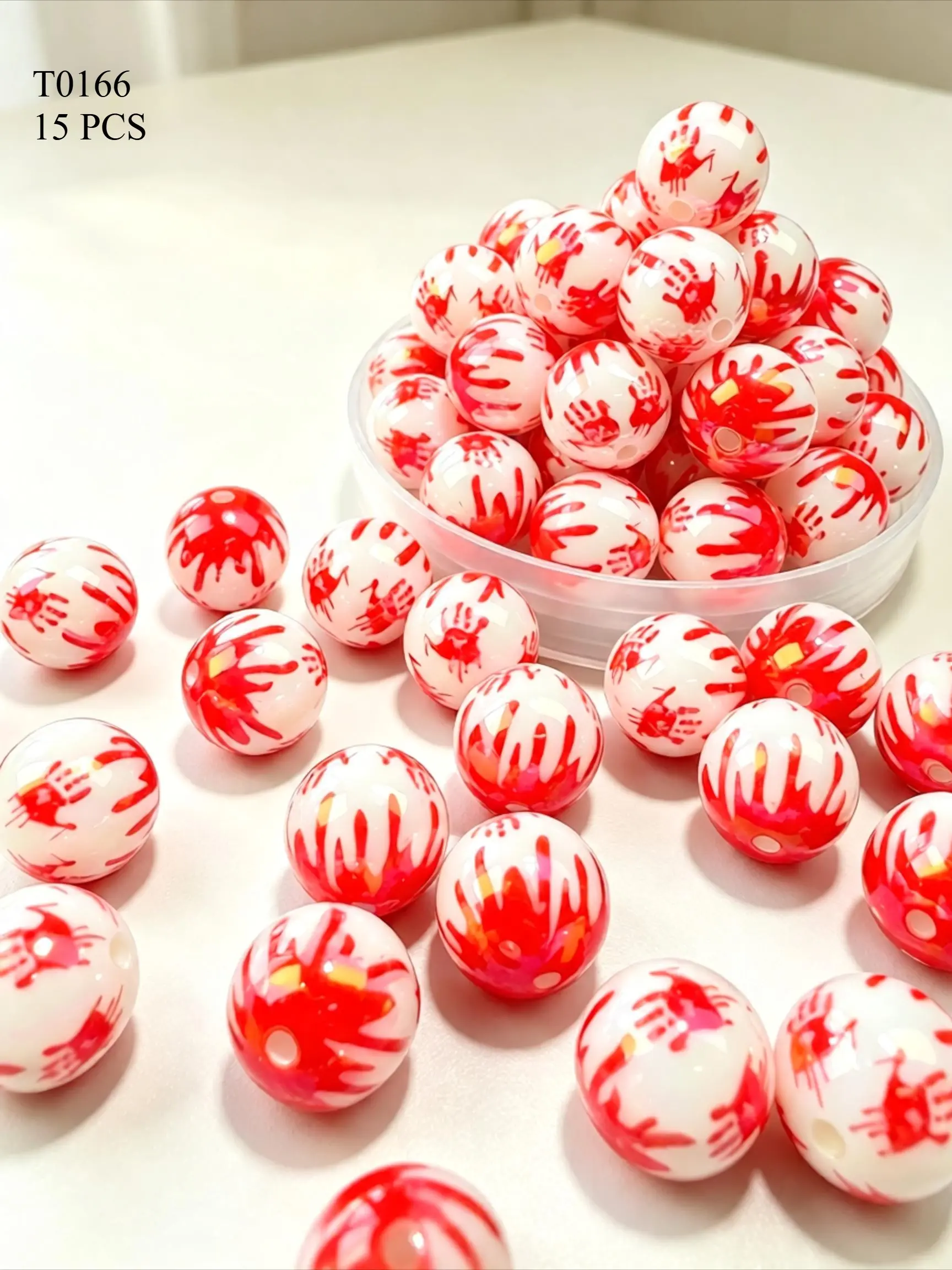 15 Acrylic 16mm Blood Print Beads, Horror Ink Print Loose Beads, DIY Halloween Jewelry Making Supplies, Choking Hazard Warning