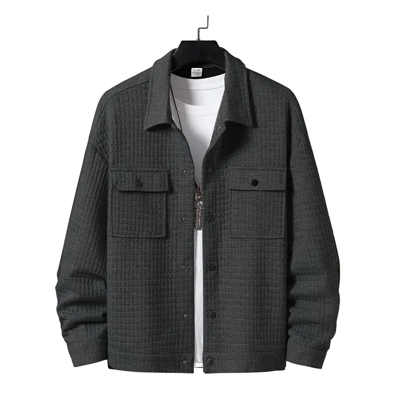 Men's Small Plaid Jacquard Casual Shirt Jacket - Relaxed Fit, Long Sleeve, Pockets, Polyester Plain Tops - Menswear Casual Wear for Spring, Fall Outerwear