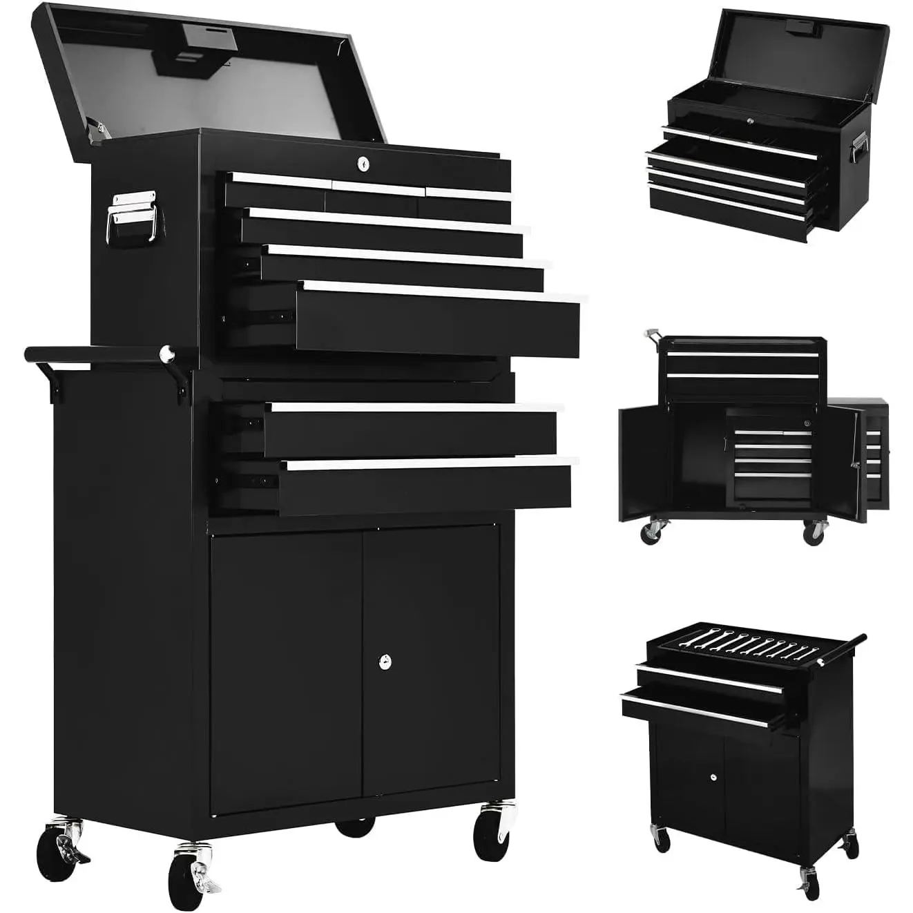 8-Drawer Rolling Tool Chest with Wheels, 2-in-1 Detachable Tool Box Cabinet, Steel Tool Cart Organizer with Portable Top Chest, Lockable Drawers and Locking Casters, Versatile Tool Organizer for Garage, Workshop, Shop & Home Maintenance