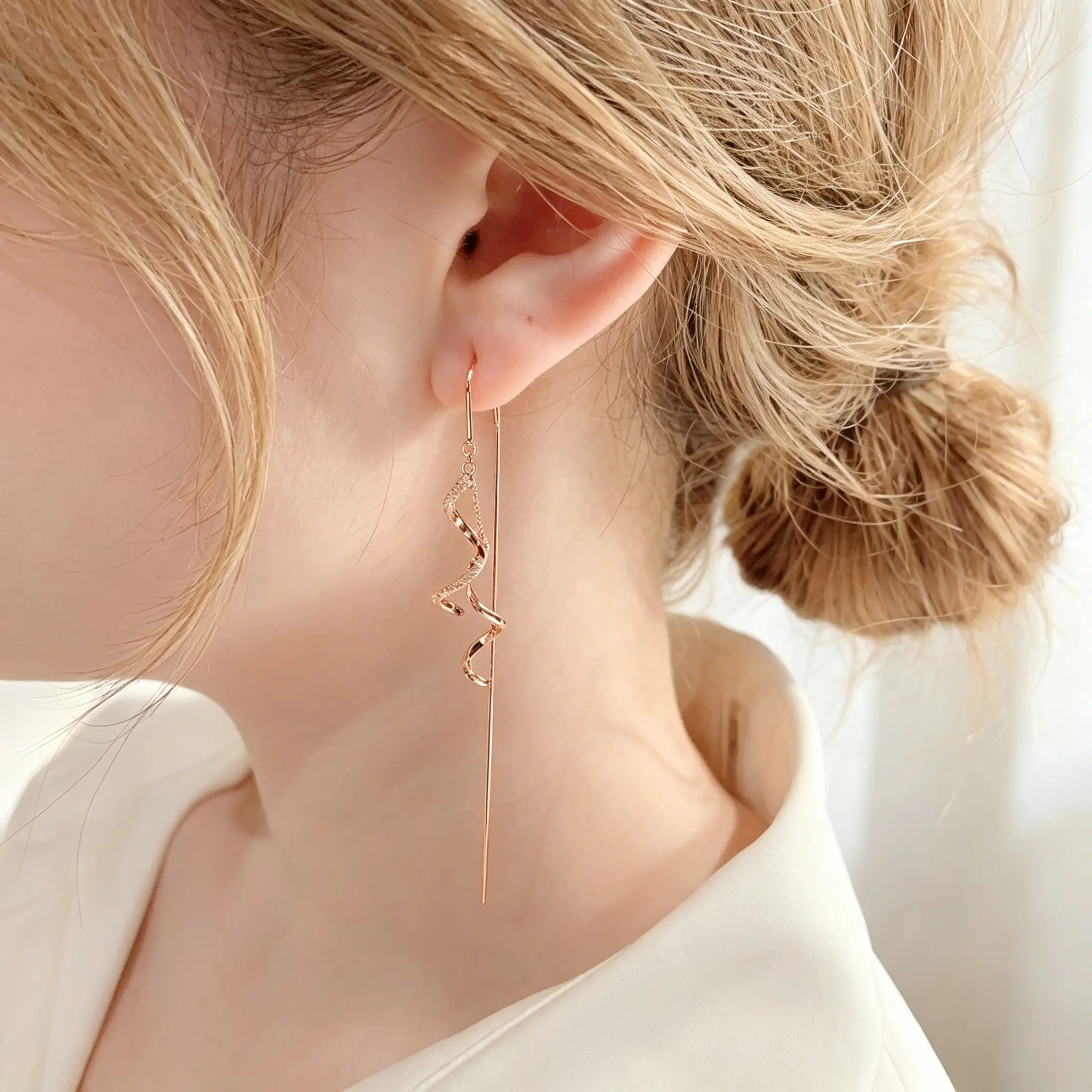 Cubic Zirconia Spiral Tassel Threader Earrings for Women, Long Dangle Earrings, Secure Anti-Drop Sparkling Daily Party Jewelry