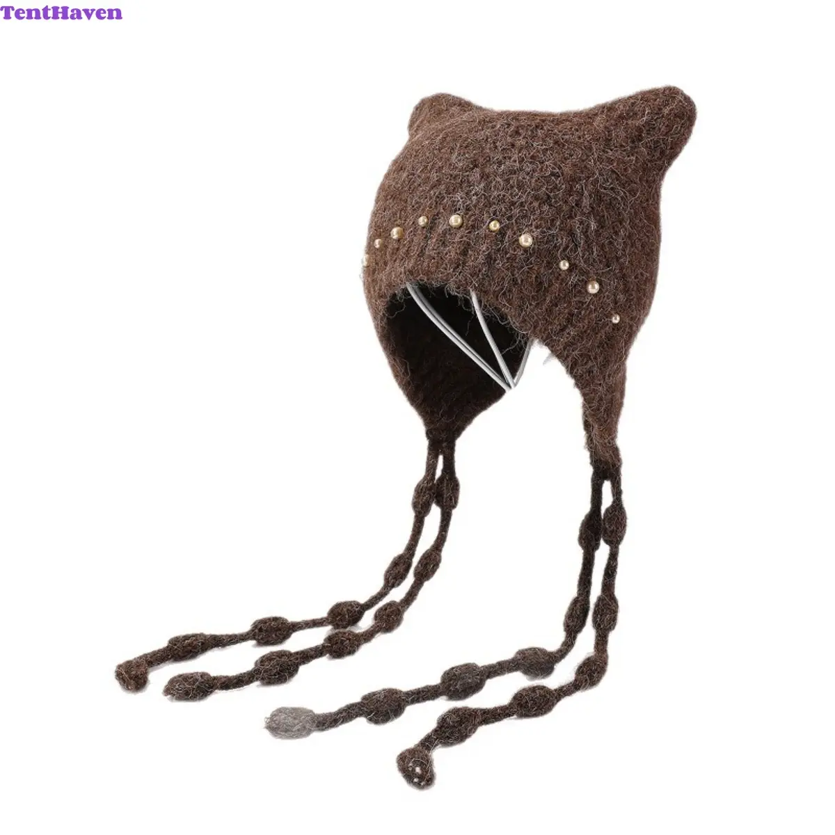 Cat Ear Knit Earflap Hat, Fluffy Acrylic Winter Beanie With Pearl Studs & Bubble Tassels, Vintage Y2K Fashion Warm Windproof Hat For Women, Stylish Accessory For Autumn Daily Street Outdoor Outfits