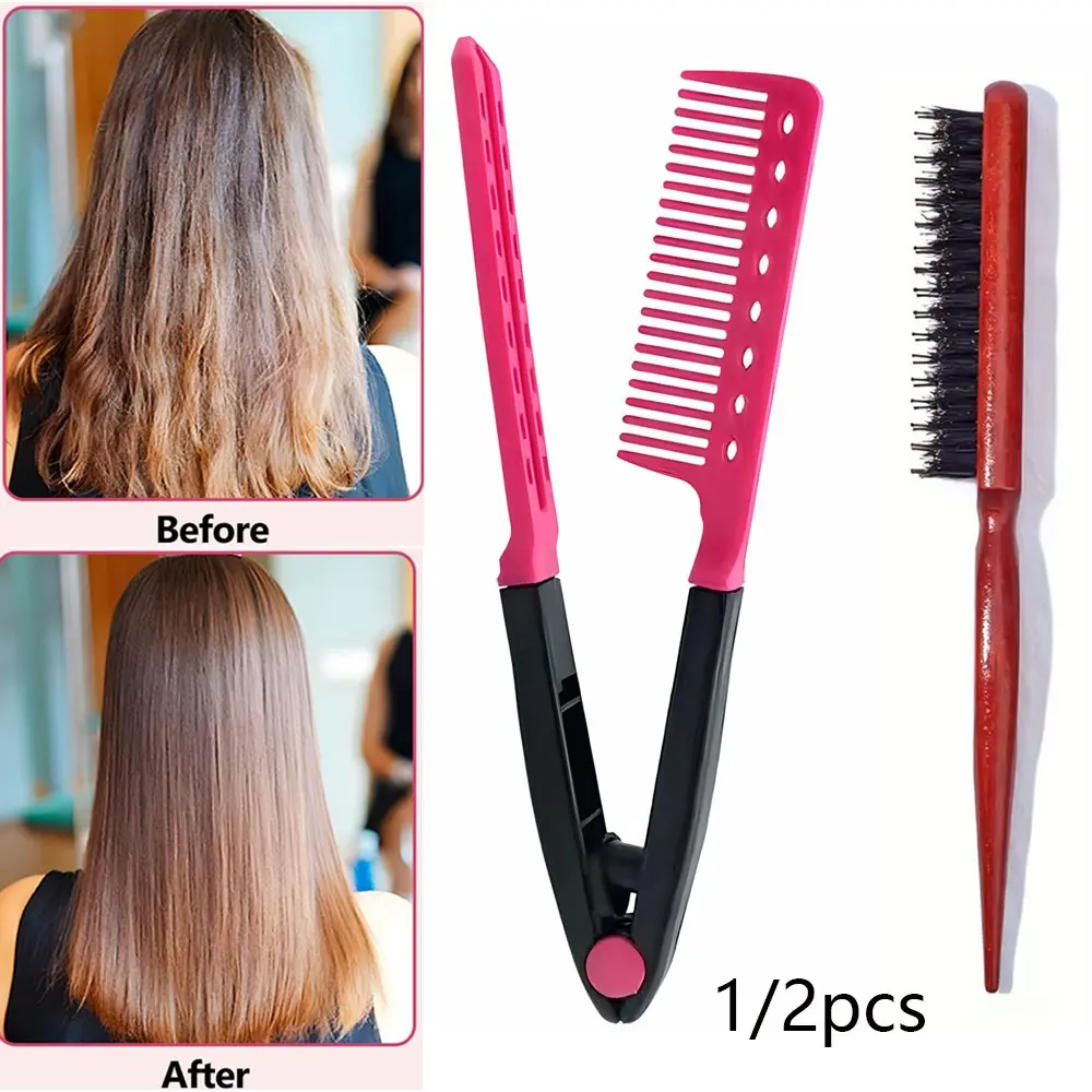 1/2PCS Hair Straightening Set V Shaped Comb and Beech Wood Bristle Brush Tangle Free Smoothing Detangling Styling Tool for Women Men Hair Combs