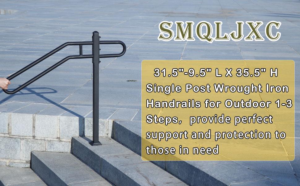 31.5"-9.5" L X 35.5" H Single Post Wrought Iron Handrails for 1-3 Steps, Railing for Steps, Handrail for Entrance, Porch (Black)