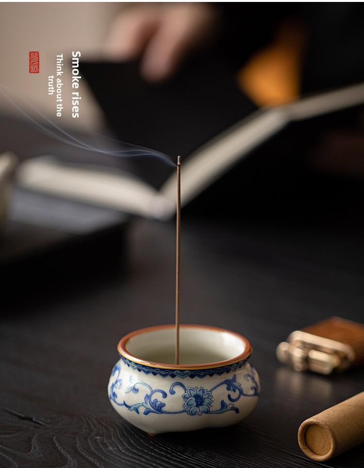 Xi Yuan Ji Blue and White Ru Kiln Incense Burner Stick Holder Three-Legged Sandalwood Censer for Home Indoor Tea Set Accessory incense stick