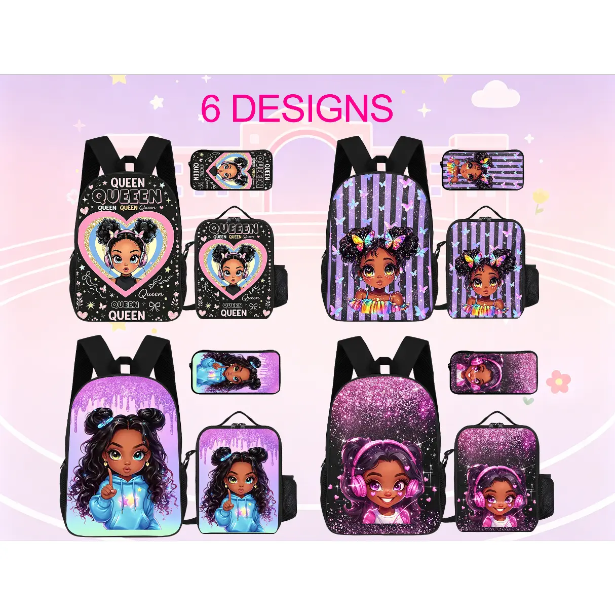 Girls' 3-Piece Backpack Set - Backpacks for School with Lunch Bag & Pencil Case, Customizable Black Girl Cartoon Patterns, 6 Background Designs, 9 Character Options, Glitter, Butterfly, Queen Heart Accents, Lightweight Supplies