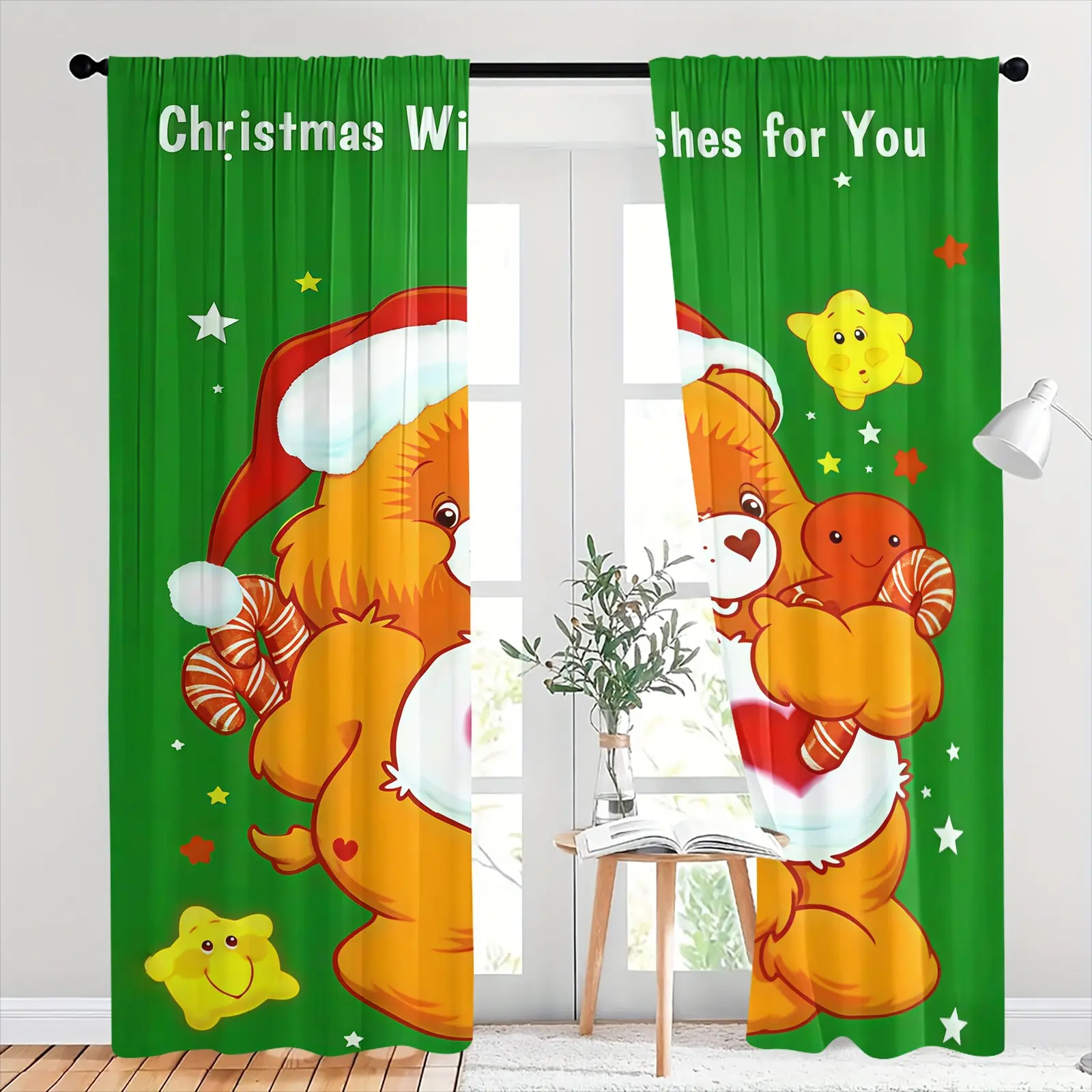 Bear Pattern Semi-Blackout Brushed Fabric Curtains, 2-Piece Set, Suitable For Living Room, Balcony And Bedroom, Perfect Home Christmas Room Decoration