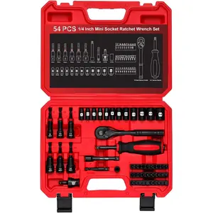 54 count 1/4" Mini Socket Ratchet Wrench Set,  Nut Driver Set, Metric Shallow Socket (4-14mm), 6-Point, Mini Ratcheting Wrench,  Bit,  Joints and 3" Extensions