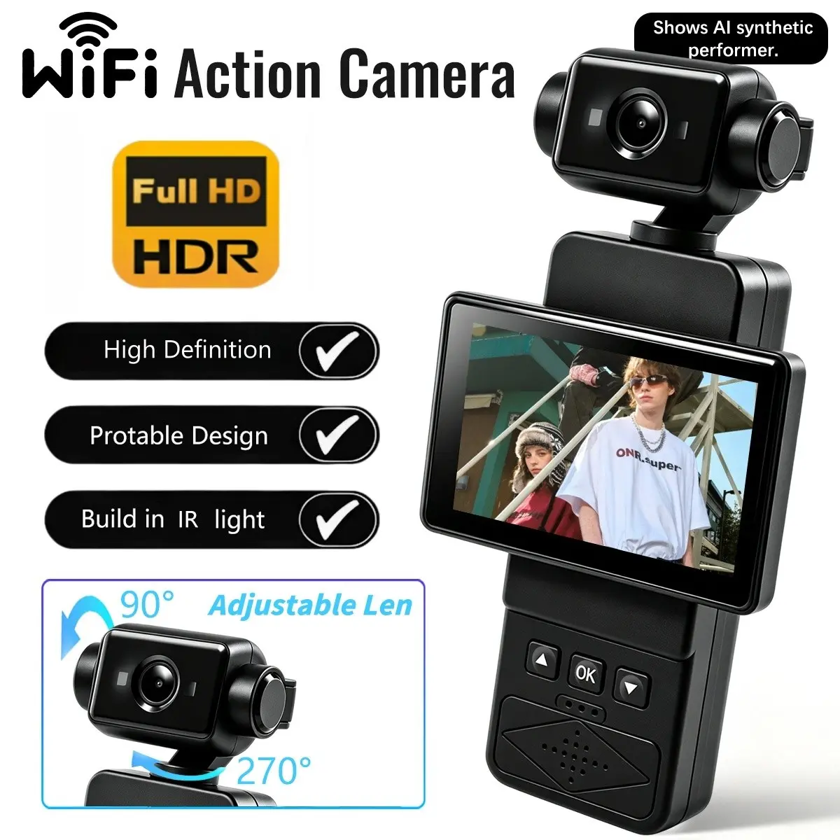 Pocket Wearable Camera, HD Sports Recorder with 270° Swivel Wide Lens & 90° Flip Screen, Detachable Back Clip Mount, 2.65 Inch Rotating Screen, Lightweight Cam for Hiking, Biking, Vlogging, Ideal Surprise Gift