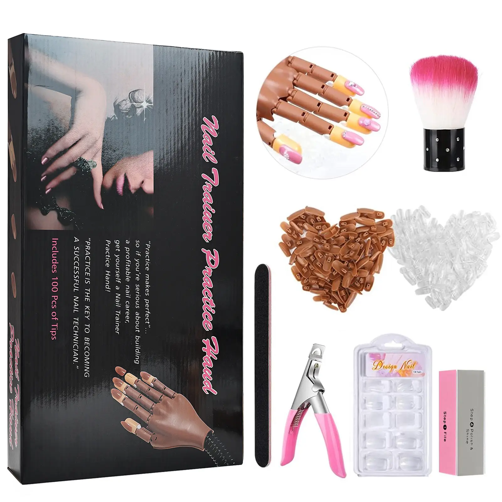 Practice Hand for Acrylic Nails, Flexible Nail Practice Hands Training Kits, Fake Manican Hands for Nails Practice, Movable Nail Maniquin Hand with 300PCS Nail Tips, File, Brush and Clipper