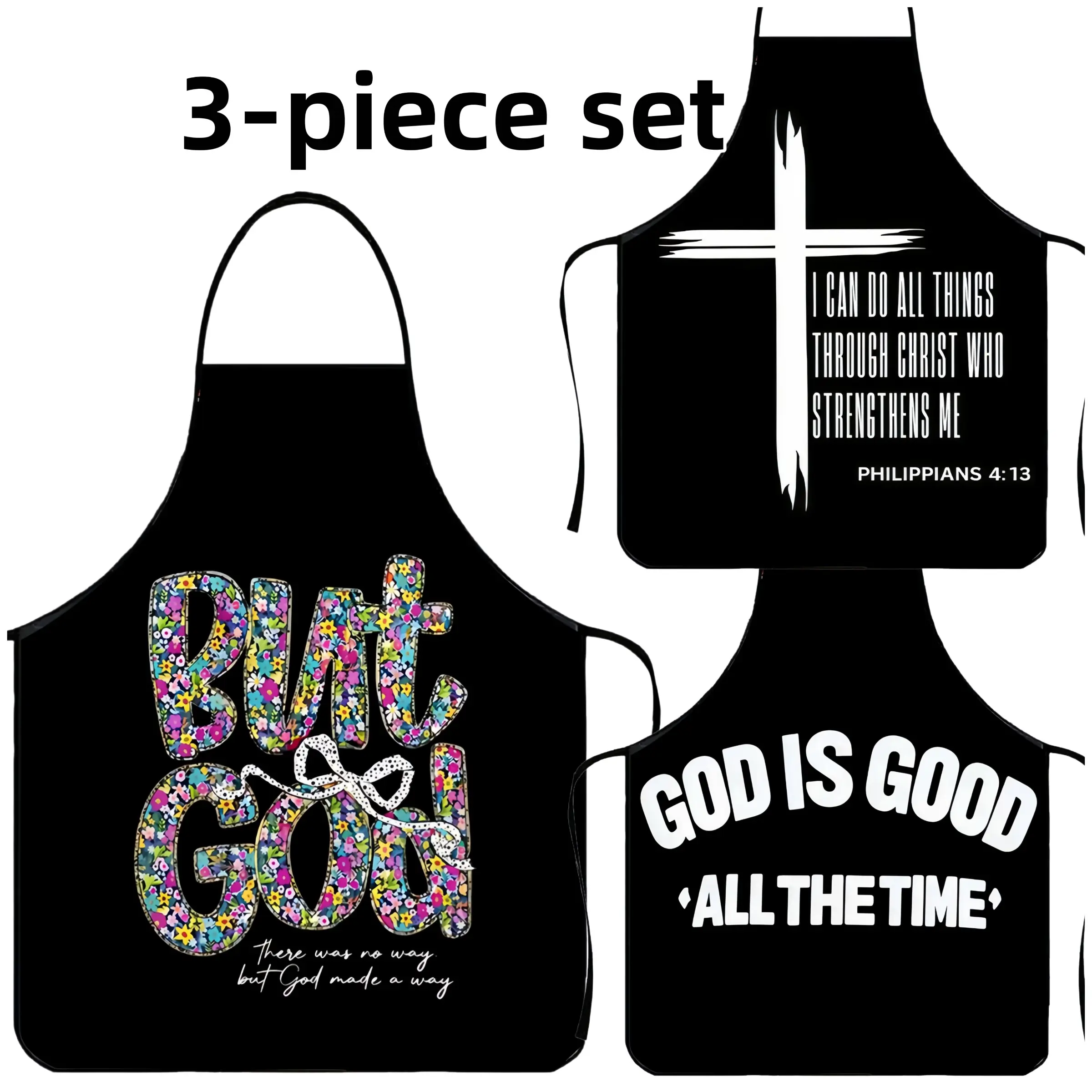Polyester GOD IS GOOD Print Apron Set, 3-piece set ﻿Christmas Gift Apron,Cooking Apron,BBQ Apron,Garden Tool,﻿Kitchen Essential,Cleaning Tool,Apron for Men&Women