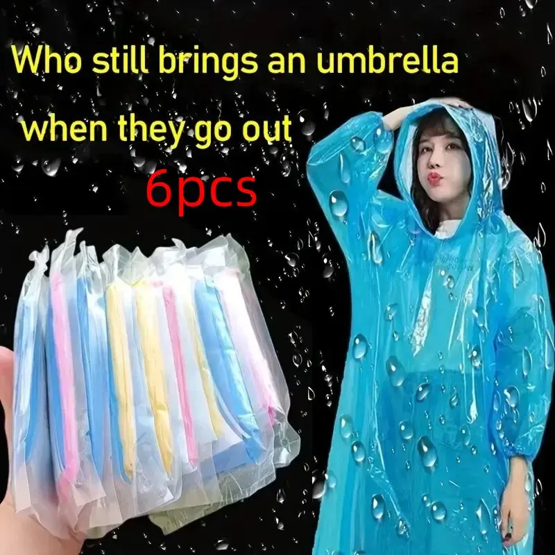6-Pack Universal Compressed Disposable Raincoats, Portable Pocket Design, Windproof Solid Color, Random Colors, Adult Emergency Gear